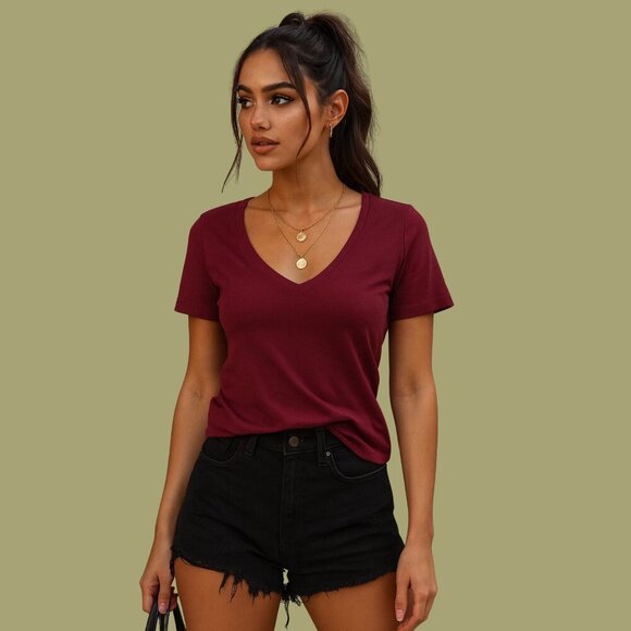 🍷 Babaton Burgundy V-Neck Tee (The Group by Babaton, Size S) - Picture 1 of 6